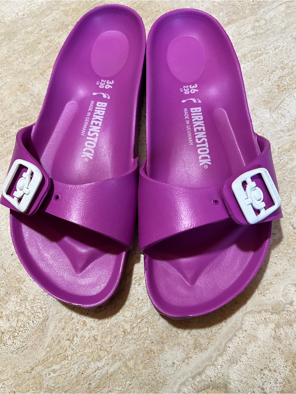 Birkenstock Madrid Eva Slide Sandals — Magenta with White Buckles - Narrow Fit